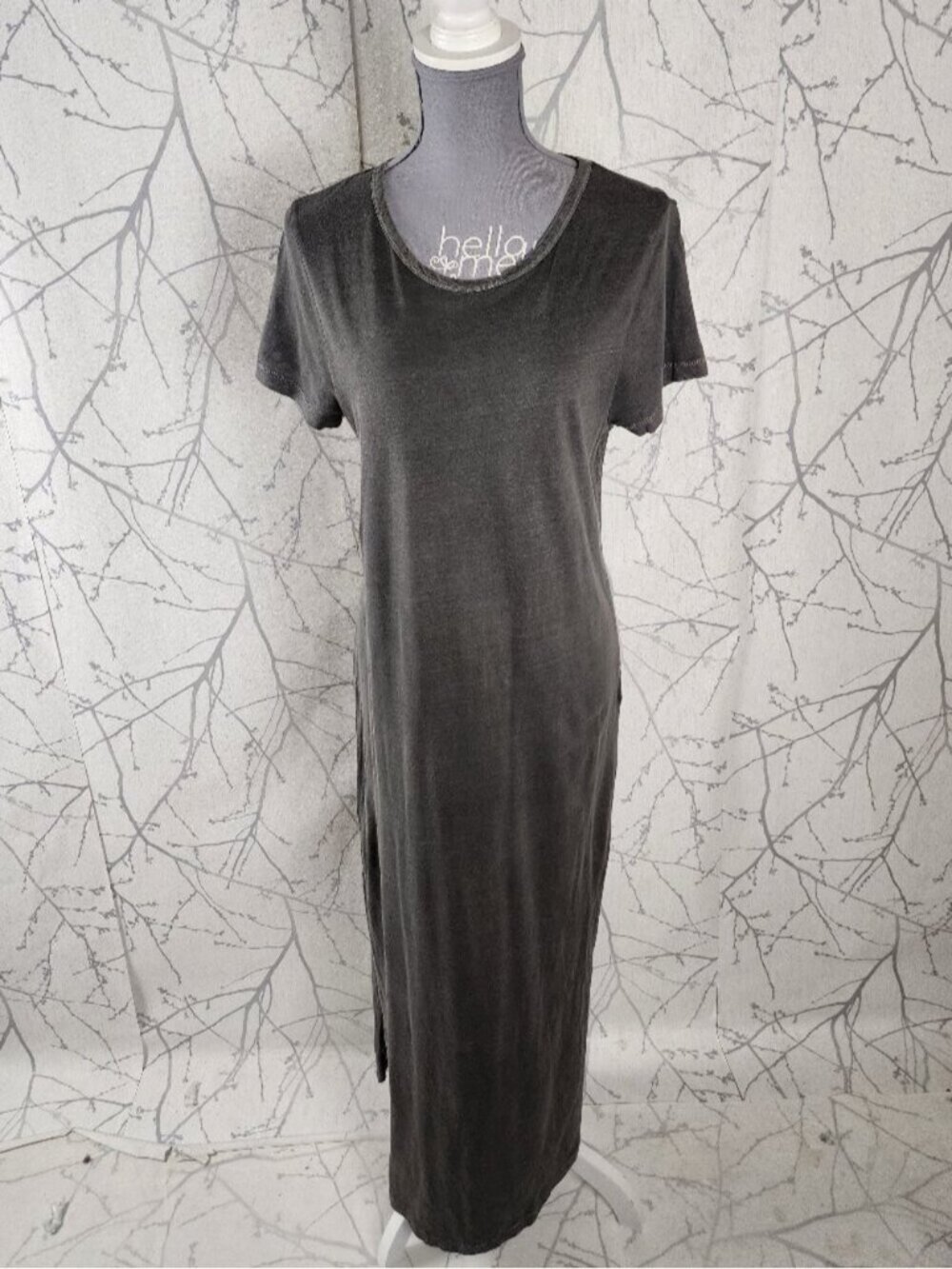 Nanavatee Gray Cotton Round Neck Side Slit Maxi T-Shirt Dress